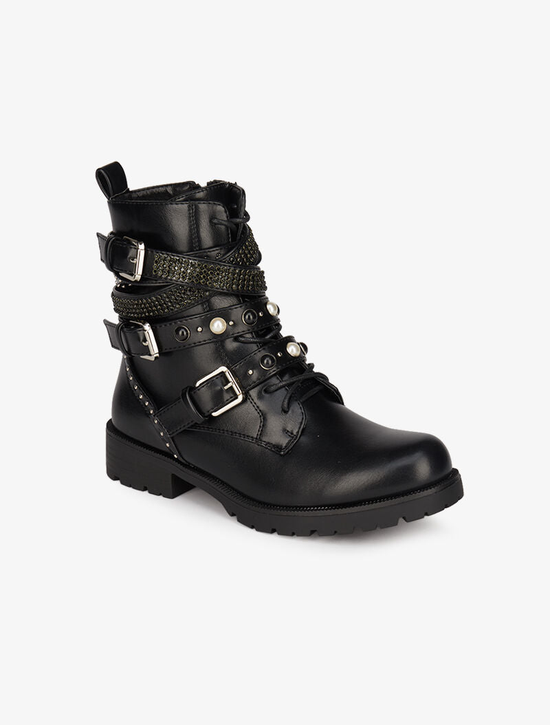 Boots à sangles perlées et strassées - Noir - 3