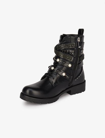 Boots à sangles perlées et strassées - Noir - 4