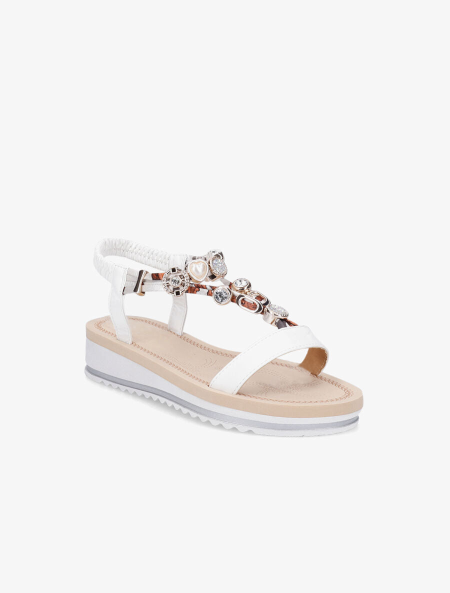 Nu-pieds en simili imprimés et détail bijoux - Blanc - 2