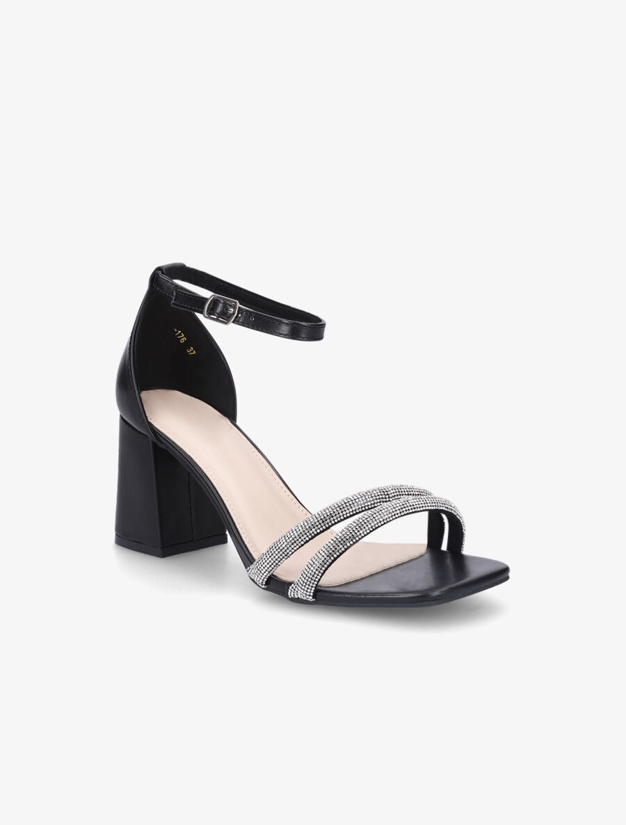 Sandales en simili à brides ornées de strass - Noir - 2
