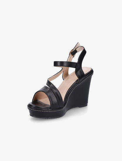 Sandales compensées en simili à bride stylisée - Noir - 3