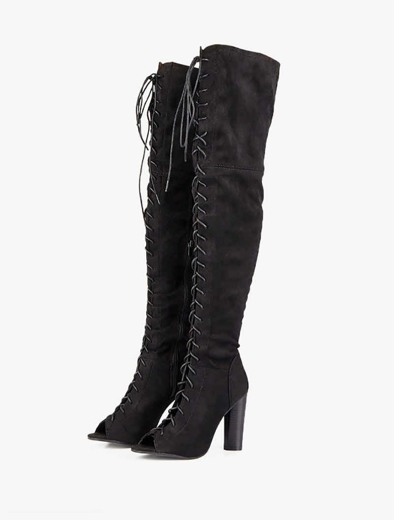 Cuissardes peep toes à lacets - Noir - 1