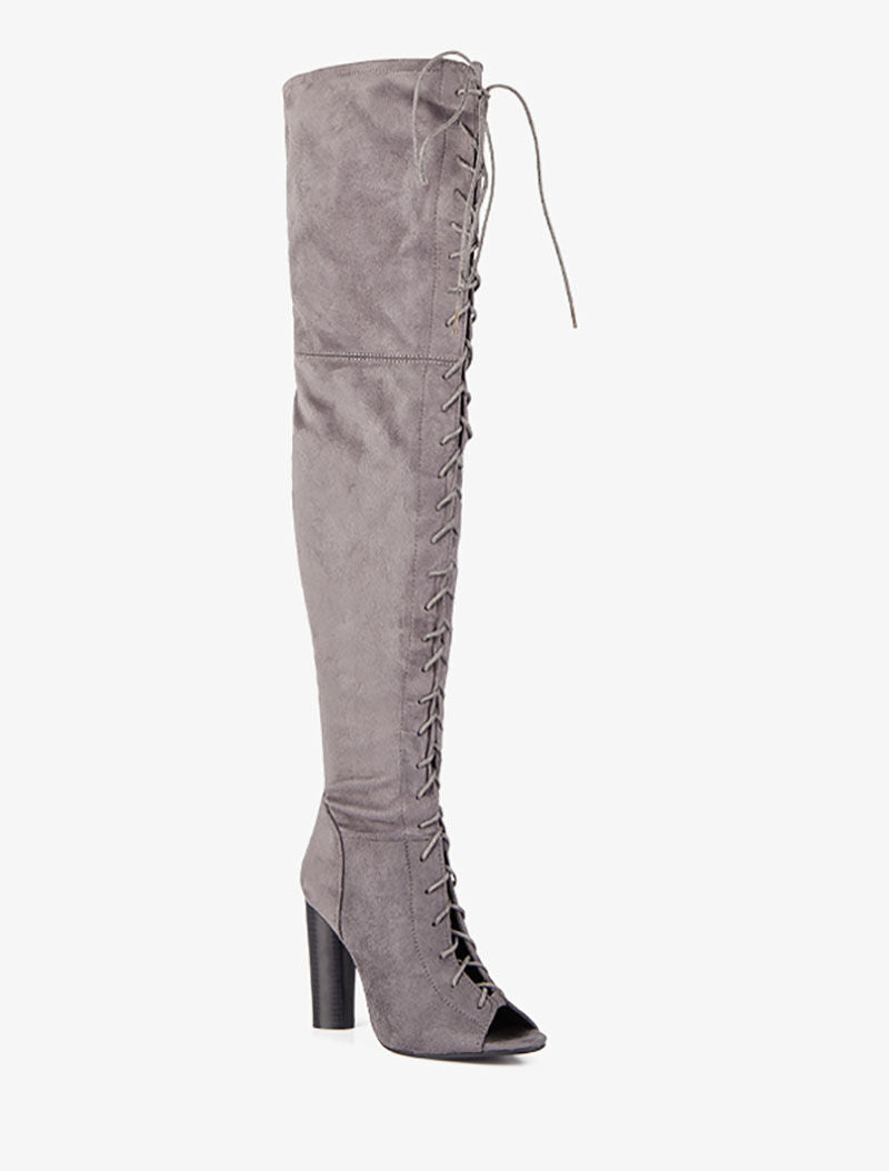 Cuissardes peep toes à lacets - Gris - 3