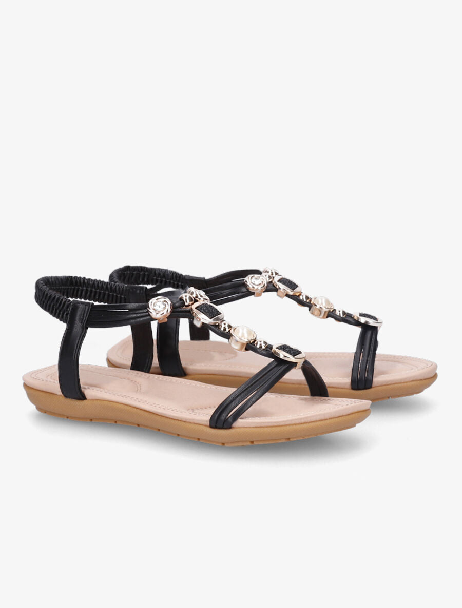 Nu-pieds à empiècement bijoux et strass - Noir - 4