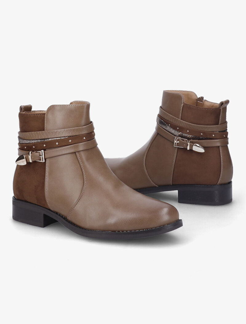 Bottines plates en simili et suédine - Marron - 1