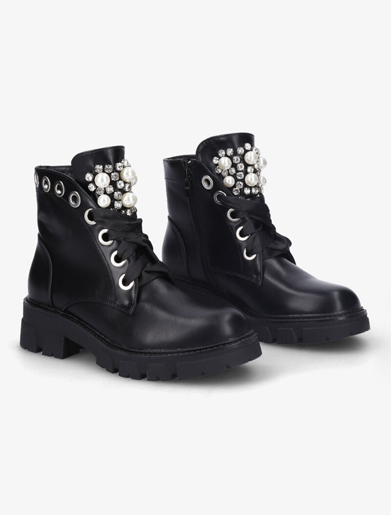 Bottines à languette à perles et strass - Noir - 1