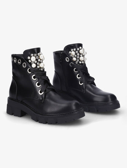 Bottines à languette à perles et strass - Noir - 1