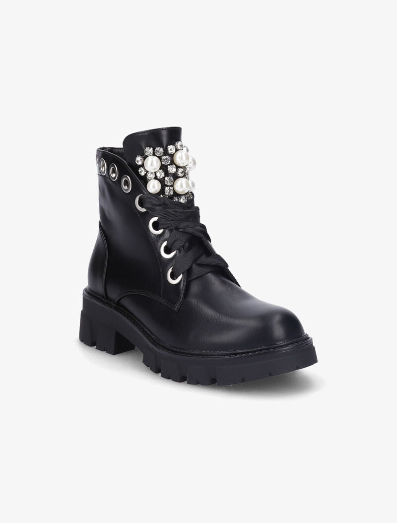 Bottines à languette à perles et strass - Noir - 3