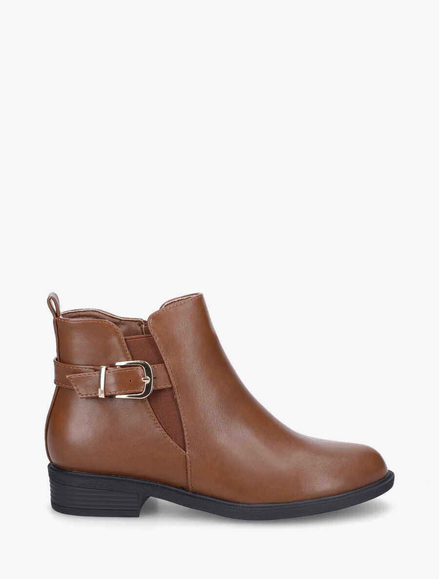 Bottines plates en simili et sanglées - Camel - 1