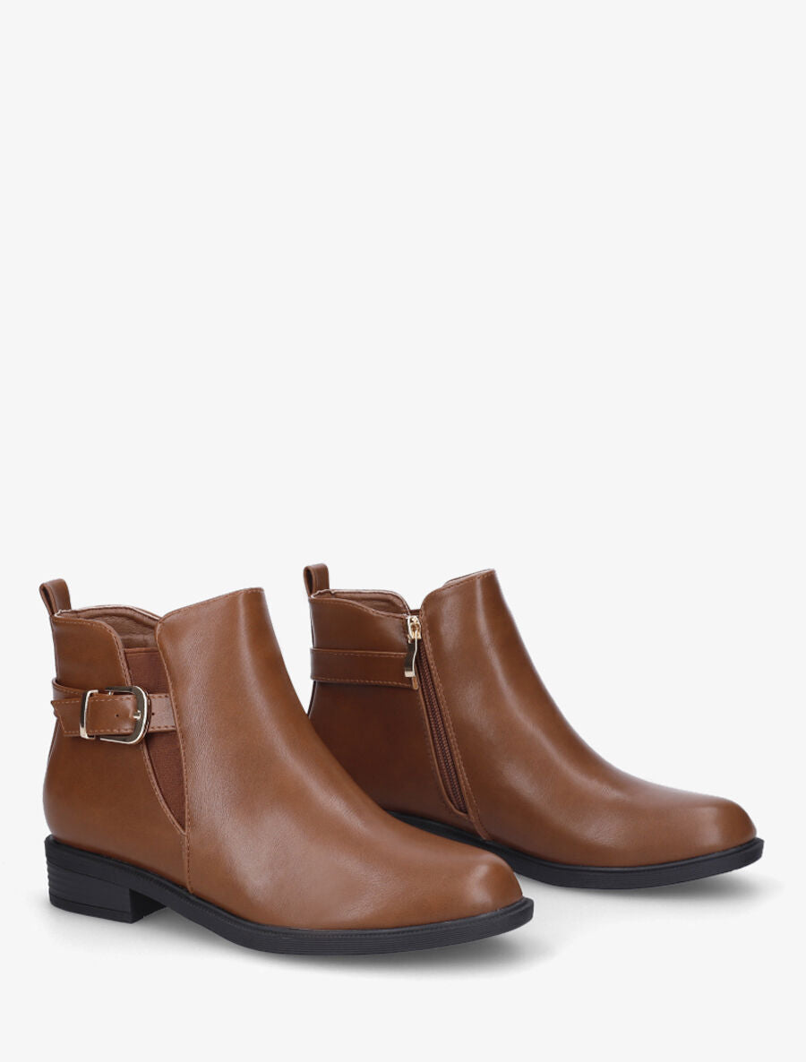 Bottines plates en simili et sanglées - Camel - 4