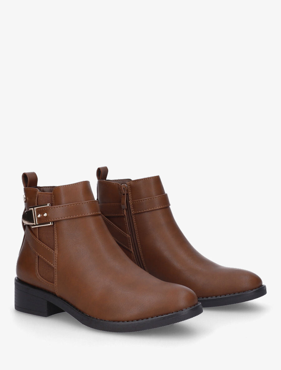 Bottines plates à boucle en simili - Camel - 4