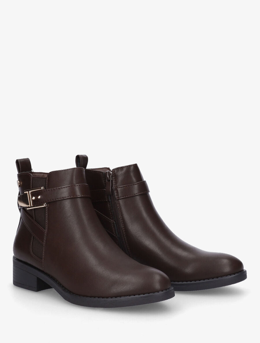Bottines plates à boucle en simili - Marron - 4