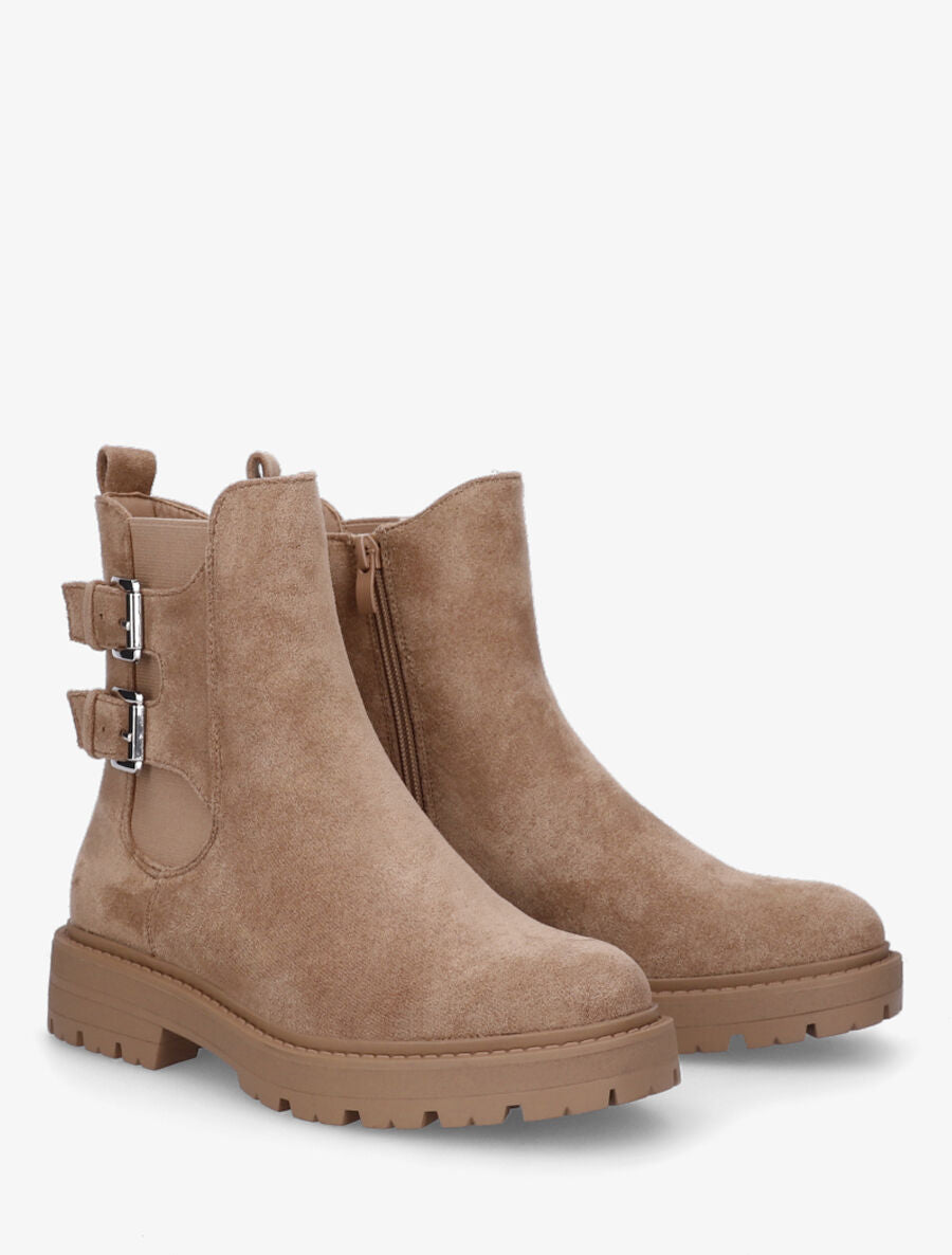 Boots montantes en suédine à double boucle - Camel - 4