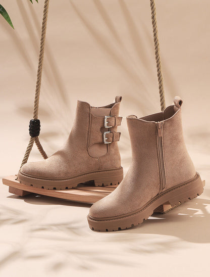 Boots montantes en suédine à double boucle - Camel - 5