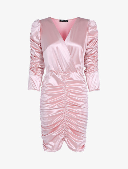 Robe froncée à manches longues - Rose - 1