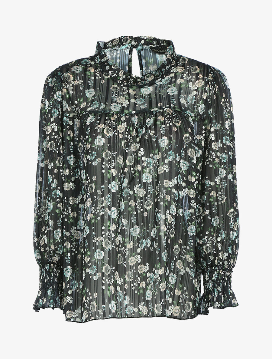 Blouse fleurie à encolure volantée - Noir - 1