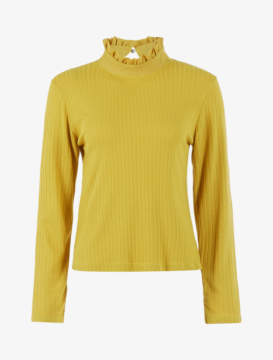 Top côtelé à col effet crêpe - Jaune - 1