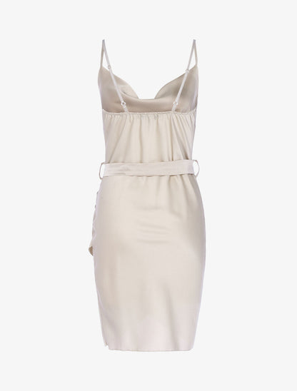 Robe satinée coupe portefeuille - Beige - 2