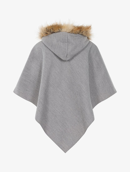 Poncho en feutre à capuche en fausse fourrure - Gris chiné - 2