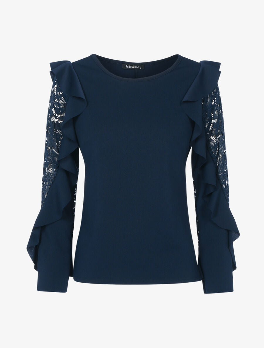 Top à manches en dentelle et volants - Bleu nuit - 1
