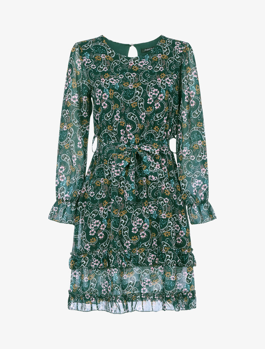 Robe volantée à imprimé fleuri - Vert foncé - 1