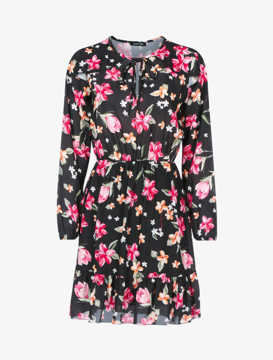 Robe fleurie à buste ajouré - Noir - 1