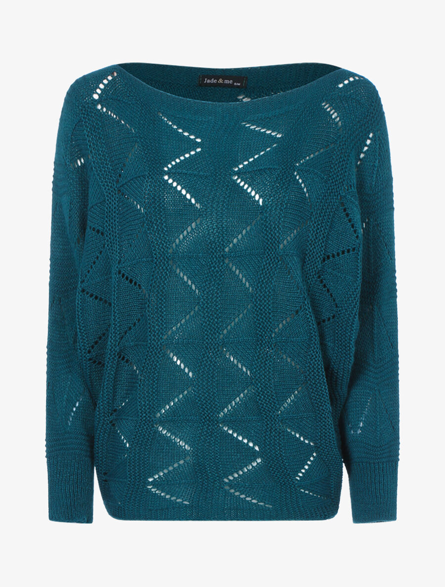 Pull en maille géométrique ajourée - Bleu canard - 1