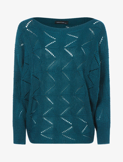 Pull en maille géométrique ajourée - Bleu canard - 1