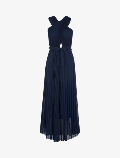 Robe longue gaufrée à bretelles croisées - Marine - 1