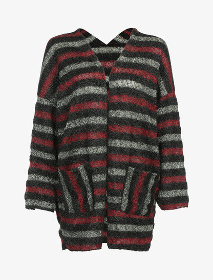 Cardigan à rayures colorées et bandes irisées - Bordeaux/noir - 1