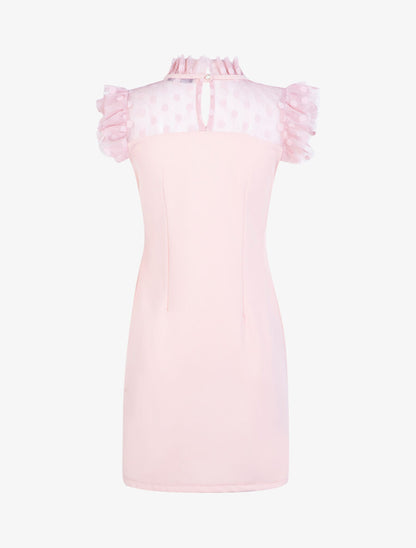 Robe à détails tulle ajourée à pois - Rose - 2
