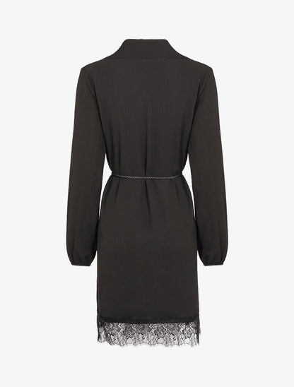 Robe effet crêpe à bord dentelle - Noir - 2