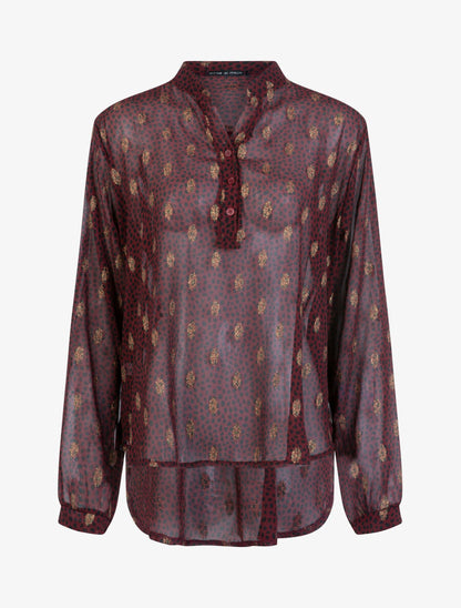 Blouse en voile à imprimé tacheté et feuilles - Bordeaux - 1