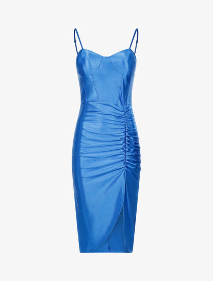 Robe satinée échancrée à plis - Bleu électrique - 1