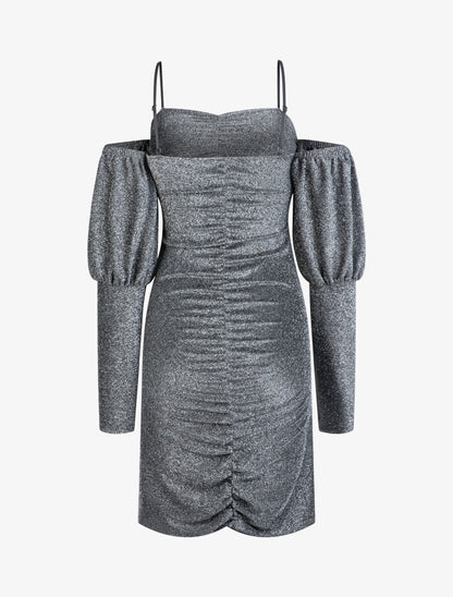 Robe pailletée à épaules nues - Argent - 2