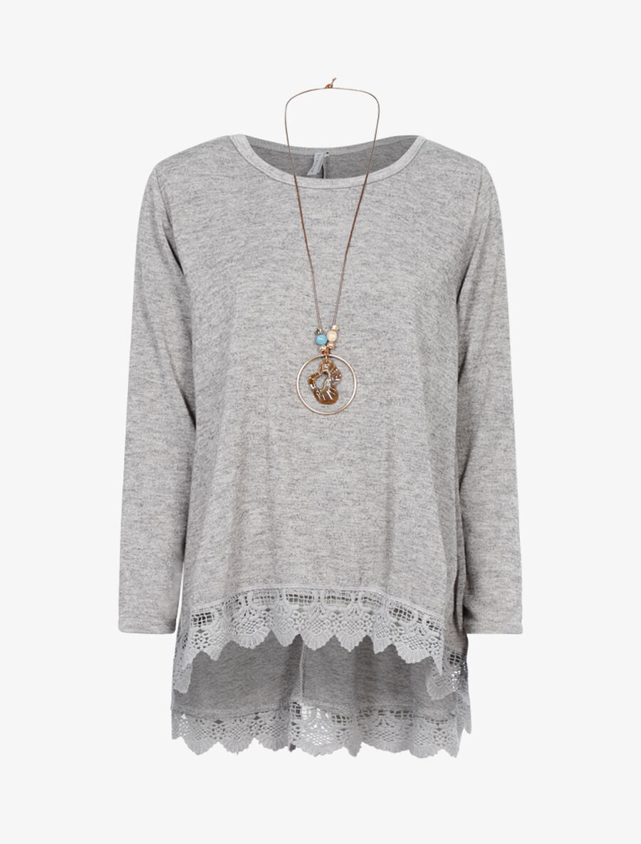 Pull oversize à bord dentelle et sautoir - Gris chiné - 1