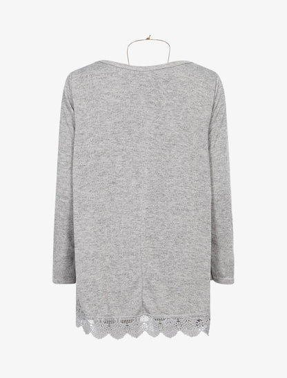 Pull oversize à bord dentelle et sautoir - Gris chiné - 2