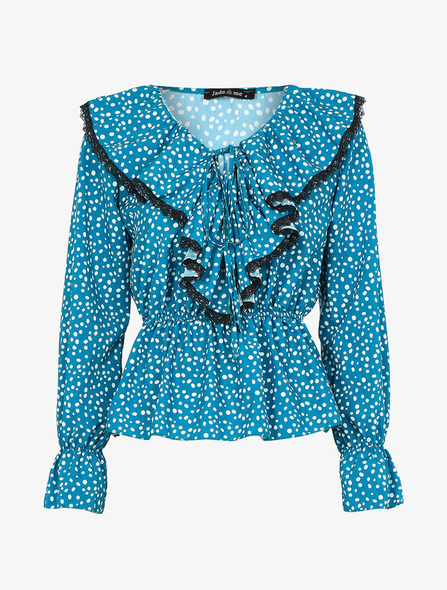 Blouse à jabot imprimé à pois - Turquoise - 1