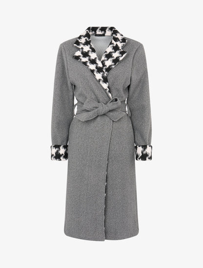 Veste longue à revers imprimé pied de poule - Gris chiné - 1