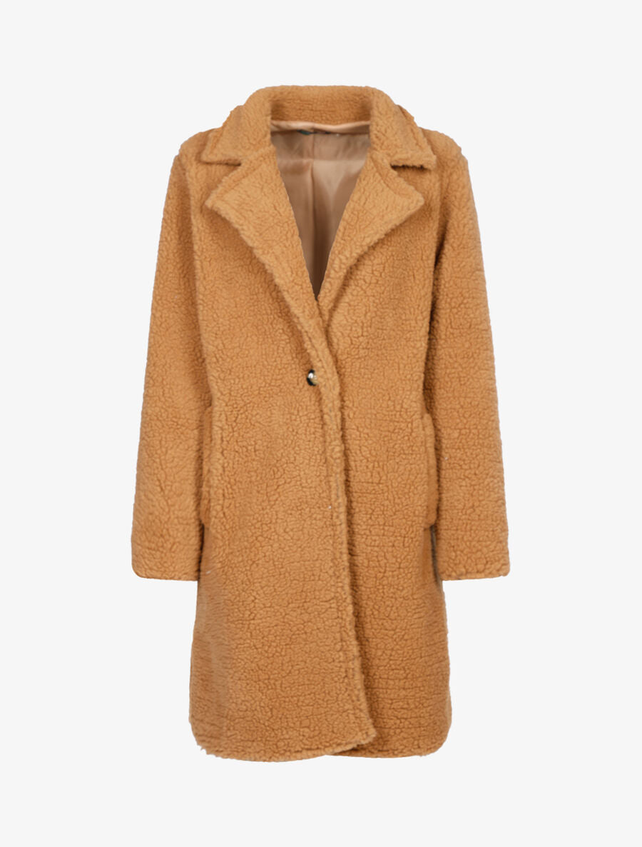 Manteau long et oversize en laine bouclette - Camel - 1
