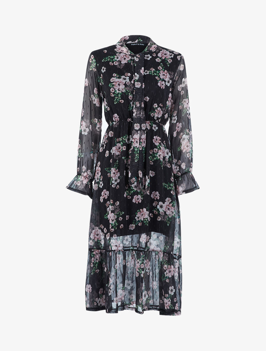 Robe longue fleurie en voile - Noir - 1