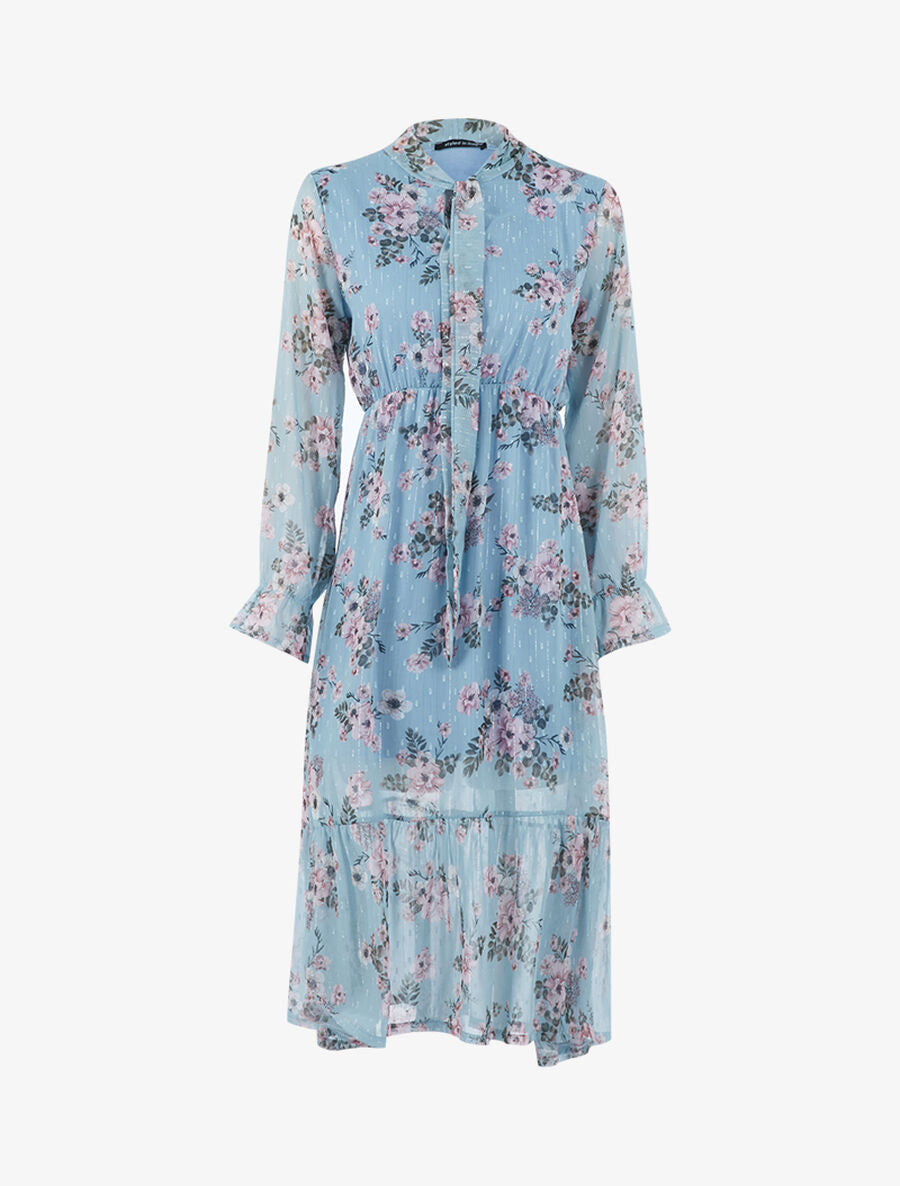 Robe longue fleurie en voile - Bleu ciel - 1