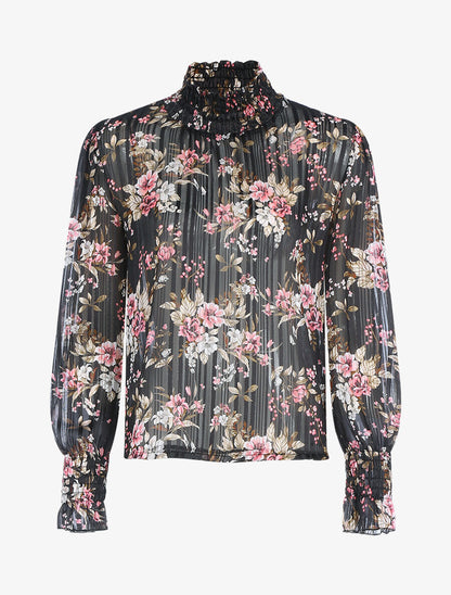 Blouse fleurie à encolure montante - Noir - 1