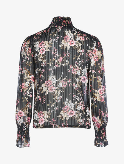 Blouse fleurie à encolure montante - Noir - 2