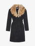 Manteau ceinturé col fourrure - Noir - 1