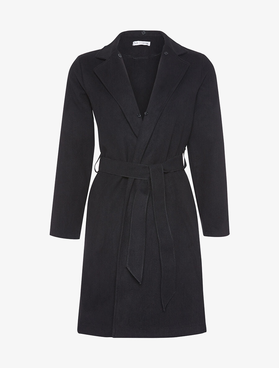 Manteau ceinturé col fourrure - Noir - 3