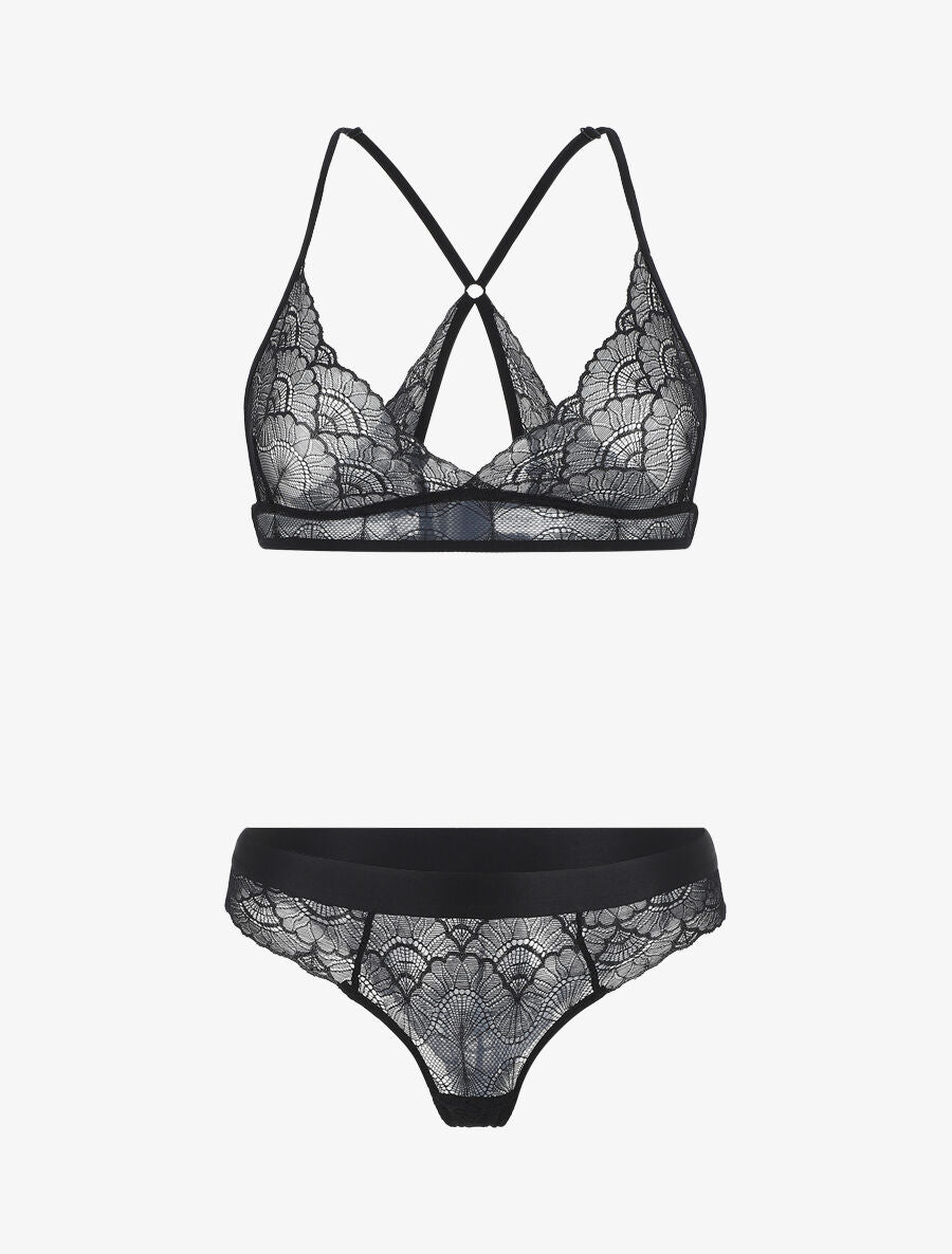 Ensemble soutien-gorge triangle et shorty en dentelle - Noir - 2