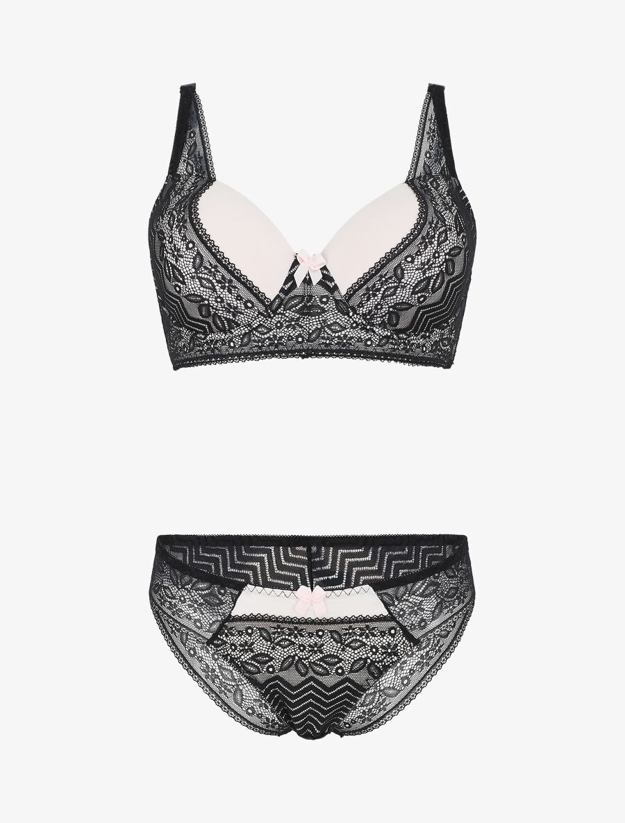 Ensemble push up en dentelle et noeud - Noir - 1