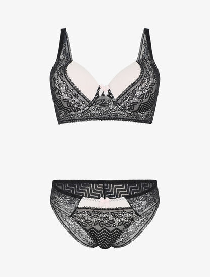 Ensemble push up en dentelle et noeud - Noir - 1