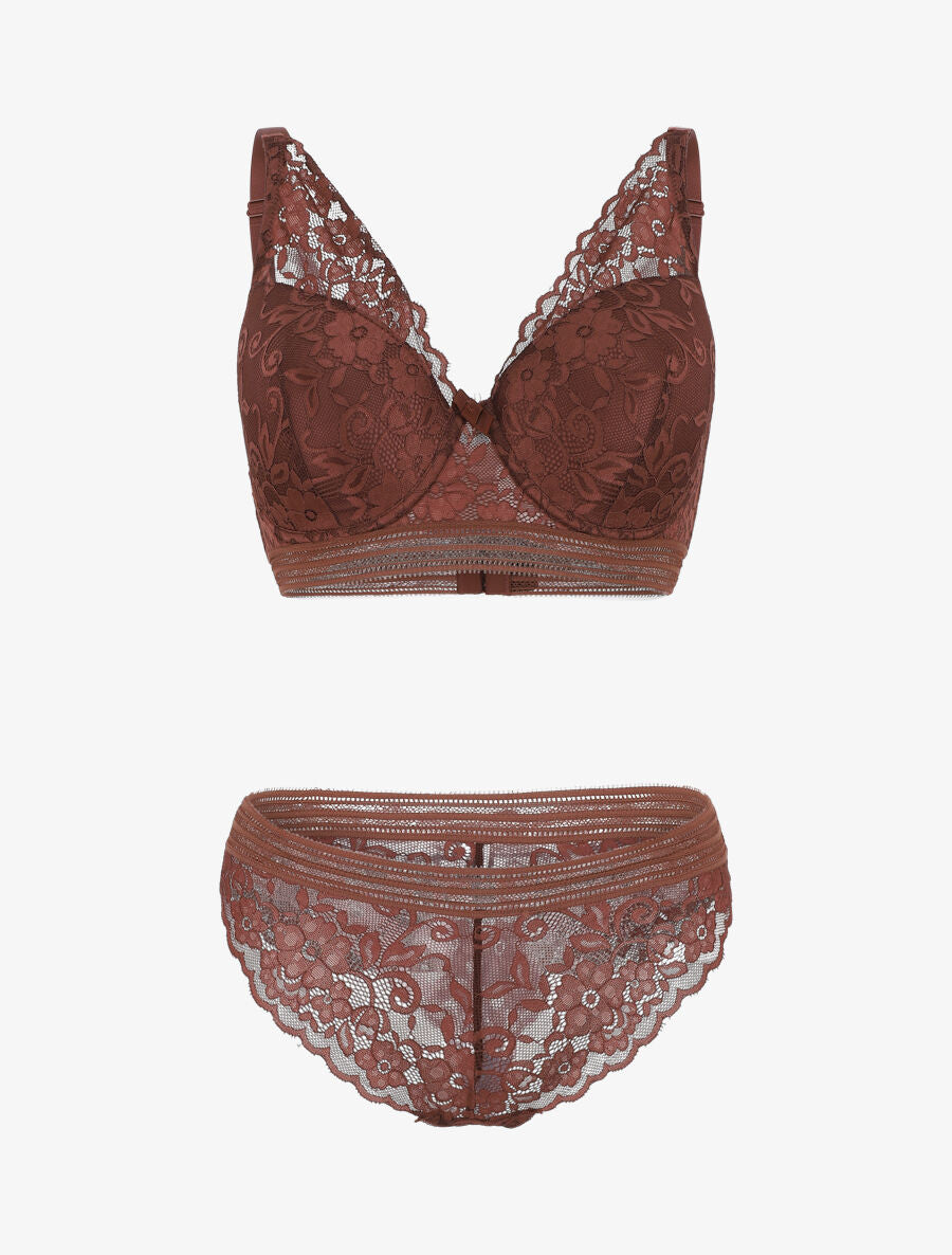 Ensemble push up uni en dentelle - Marron - 1